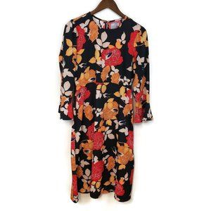 Asos Womens Black Red Orange Floral Midi Dress Size 8 Long Sleeve
